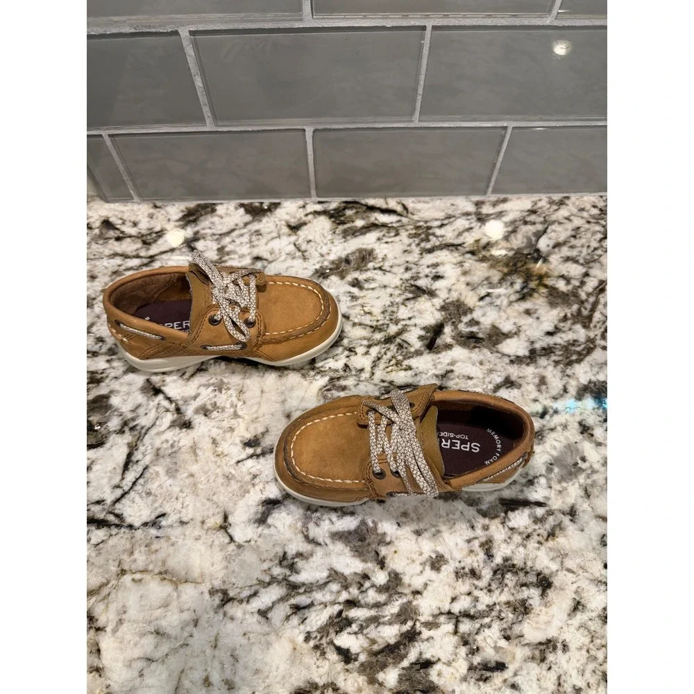 Sperry Top-Sider Kids Tan Leather Mesh Boat Shoes Memory Foam Loafers 7.5